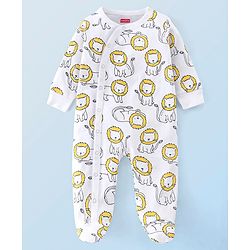 Babyhug Cotton Knit Full Sleeves Striped Footed Sleepsuit with Lion Print Pack of 2 - Blue Yellow & White
