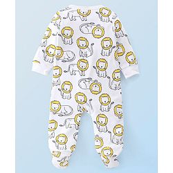 Babyhug Cotton Knit Full Sleeves Striped Footed Sleepsuit with Lion Print Pack of 2 - Blue Yellow & White