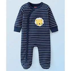 Babyhug Cotton Knit Full Sleeves Striped Footed Sleepsuit with Lion Print Pack of 2 - Blue Yellow & White