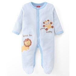 Babyhug Cotton Knit Full Sleeves Striped Footed Sleepsuit with Lion Print - Blue