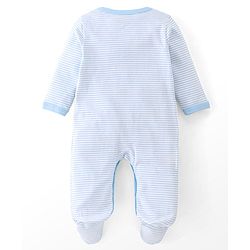 Babyhug Cotton Knit Full Sleeves Striped Footed Sleepsuit with Lion Print - Blue