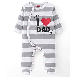 Babyhug Cotton Knit Full Sleeves Footed Sleep Suit Stripes & Text Print - Grey & White