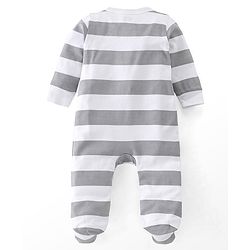 Babyhug Cotton Knit Full Sleeves Footed Sleep Suit Stripes & Text Print - Grey & White