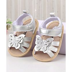 Cute Walk by Babyhug Velcro Closure Booties with Butterfly Detailing - Silver