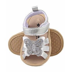 Cute Walk by Babyhug Velcro Closure Booties with Butterfly Detailing - Silver