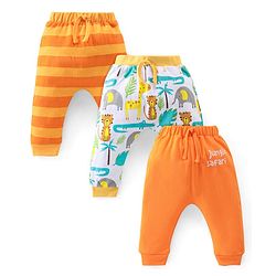 Babyhug Interlock Cotton Full Length Diaper Pants Stripes & Jungle Print Pack of 3 - Orange & White