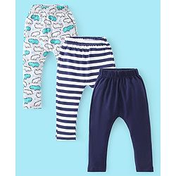 Babyhug Cotton Knit Full Length Diaper Pants Stripes & Hippo Print Pack Of 3- Grey White & Blue