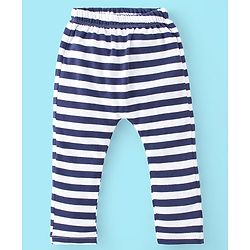 Babyhug Cotton Knit Full Length Diaper Pants Stripes & Hippo Print Pack Of 3- Grey White & Blue