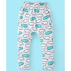 Babyhug Cotton Knit Full Length Diaper Pants Stripes & Hippo Print Pack Of 3- Grey White & Blue