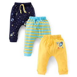 Babyhug Cotton Diaper Pants Striped & Printed Pack of 3 - Blue & Yellow