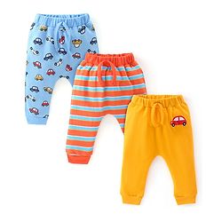 Babyhug Cotton Full Length Diaper Pants Stripes & Car Print Pack Of 3- Yellow Red & Blue
