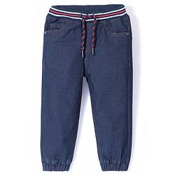 Babyhug Cotton Poly Full Length Washed Denim Jogger with Stretch - Dark Blue