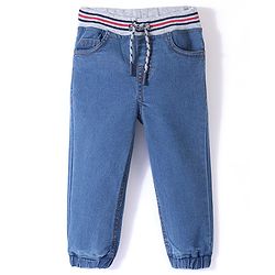 Babyhug Cotton Poly Full Length Washed Denim Jogger with Stretch - Blue