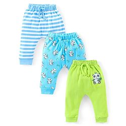 Babyhug Cotton Full Length Diaper Pants Stripes & Panda Print Pack of 3- Blue & Green