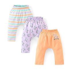 Babyhug Cotton Ankle Length Diaper Pants Stripes & Hippo Print Pack of 3- Peach Purple & Blue