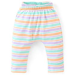 Babyhug Cotton Ankle Length Diaper Pants Stripes & Hippo Print Pack of 3- Peach Purple & Blue