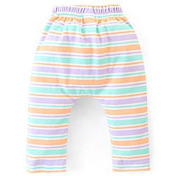 Babyhug Cotton Ankle Length Diaper Pants Stripes & Hippo Print Pack of 3- Peach Purple & Blue