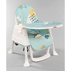 Babyhug 3 in 1 Comfy High Chair Printed Cushion - Blue| High Chair, Feeding Chair & Booster Chair| Adjustable Double Food Tray| Removable PU Leather Seat| Safety Harness| Removable Footrest