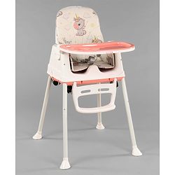 Babyhug 3 in 1 Comfy High Chair Unicorn Printed Cushion - Pink| High Chair, Feeding Chair & Booster Chair| Adjustable Double Food Tray| Removable PU Leather Seat| Safety Harness| Removable Footrest