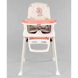Babyhug 3 in 1 Comfy High Chair Unicorn Printed Cushion - Pink| High Chair, Feeding Chair & Booster Chair| Adjustable Double Food Tray| Removable PU Leather Seat| Safety Harness| Removable Footrest