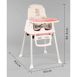Babyhug 3 in 1 Comfy High Chair Unicorn Printed Cushion - Pink| High Chair, Feeding Chair & Booster Chair| Adjustable Double Food Tray| Removable PU Leather Seat| Safety Harness| Removable Footrest