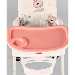 Babyhug 3 in 1 Comfy High Chair Unicorn Printed Cushion - Pink| High Chair, Feeding Chair & Booster Chair| Adjustable Double Food Tray| Removable PU Leather Seat| Safety Harness| Removable Footrest