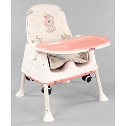 Babyhug 3 in 1 Comfy High Chair Unicorn Printed Cushion - Pink| High Chair, Feeding Chair & Booster Chair| Adjustable Double Food Tray| Removable PU Leather Seat| Safety Harness| Removable Footrest