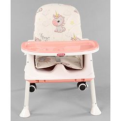Babyhug 3 in 1 Comfy High Chair Unicorn Printed Cushion - Pink| High Chair, Feeding Chair & Booster Chair| Adjustable Double Food Tray| Removable PU Leather Seat| Safety Harness| Removable Footrest