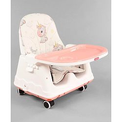 Babyhug 3 in 1 Comfy High Chair Unicorn Printed Cushion - Pink| High Chair, Feeding Chair & Booster Chair| Adjustable Double Food Tray| Removable PU Leather Seat| Safety Harness| Removable Footrest