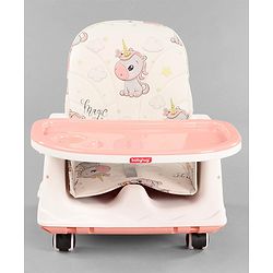 Babyhug 3 in 1 Comfy High Chair Unicorn Printed Cushion - Pink| High Chair, Feeding Chair & Booster Chair| Adjustable Double Food Tray| Removable PU Leather Seat| Safety Harness| Removable Footrest