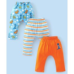 Babyhug Cotton Diaper Pants Stripes & Dino Print Pack of 3 - Blue & Orange