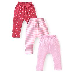 Babyhug Cotton Full Length Diaper Pants Stripes & Floral Print Pack of 3- Pink & Red