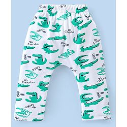 Babyhug Cotton Full Length Diaper Pants Stripes & Alligator Print Pack of 3- Blue Green & White