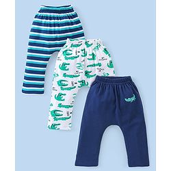 Babyhug Cotton Full Length Diaper Pants Stripes & Alligator Print Pack of 3- Blue Green & White