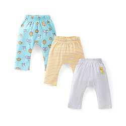 Babyhug Cotton Full Length Diaper Pants Stripes & Lion Print Pack of 3 - Blue Grey & Yellow