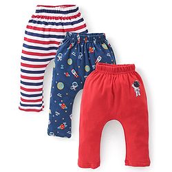 Babyhug Full Length Cotton Diaper Pants Astronaut Print Pack of 3 - Red & Blue
