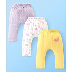 Babyhug Cotton Full Length Diaper Pants Butterfly & Floral Print Pack Of 3- Yellow White & Purple