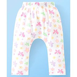 Babyhug Cotton Full Length Diaper Pants Butterfly & Floral Print Pack Of 3- Yellow White & Purple