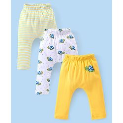 Babyhug Cotton Knee Length Diaper Pants Stripes & Turtle Print Pack of 3- Yellow Green & White