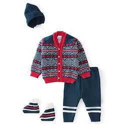 Babyhug Knitted Full Sleeves Striped Design Sweater Set with Cap & Booties - Red & Navy Blue