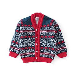 Babyhug Knitted Full Sleeves Striped Design Sweater Set with Cap & Booties - Red & Navy Blue