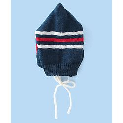 Babyhug Knitted Full Sleeves Striped Design Sweater Set with Cap & Booties - Red & Navy Blue