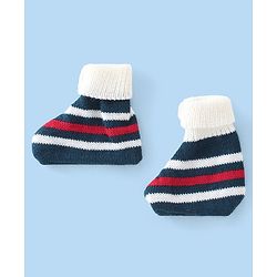 Babyhug Knitted Full Sleeves Striped Design Sweater Set with Cap & Booties - Red & Navy Blue