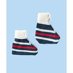 Babyhug Knitted Full Sleeves Striped Design Sweater Set with Cap & Booties - Red & Navy Blue