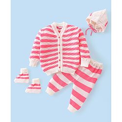 Babyhug Full Sleeves Striped Sweater Sets with Cap and Booties - Red & White