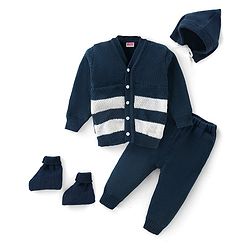 Babyhug Knit Full Sleeves Sweater Set Striped - Navy Blue & White