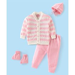 Babyhug Full Sleeves Baby Sweater Set with Cap & Booties Striped Design - Pink