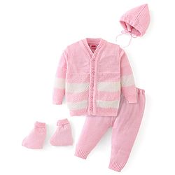 Babyhug Full Sleeves Sweater Set Striped with Cap - Pink