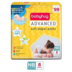 Babyhug Advanced Pant Style Diaper New Born - 8 Pieces, Honeycomb Technology, Cottony Soft Diaper with 3D Leak Guard, Latex & Alcohol Free, Anti-rash & Gentle