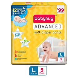 Babyhug Advanced Pant Style Diapers Large (L) Size - 5 Pieces, Honeycomb Technology, Cottony Soft Diaper with 3D Leak Guard, Latex & Alcohol Free, Anti-rash & Gentle
